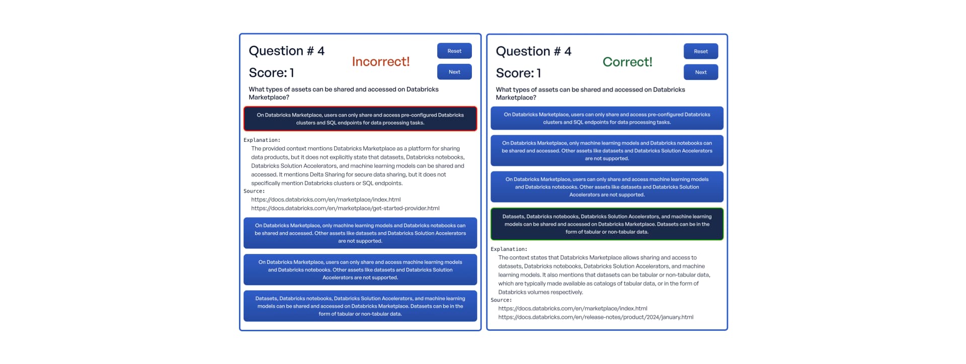 Two side-by-side screenshots of a quiz app showing Question 4 about Databricks Marketplace, one marked Incorrect and one marked Correct, each with an explanation and source links