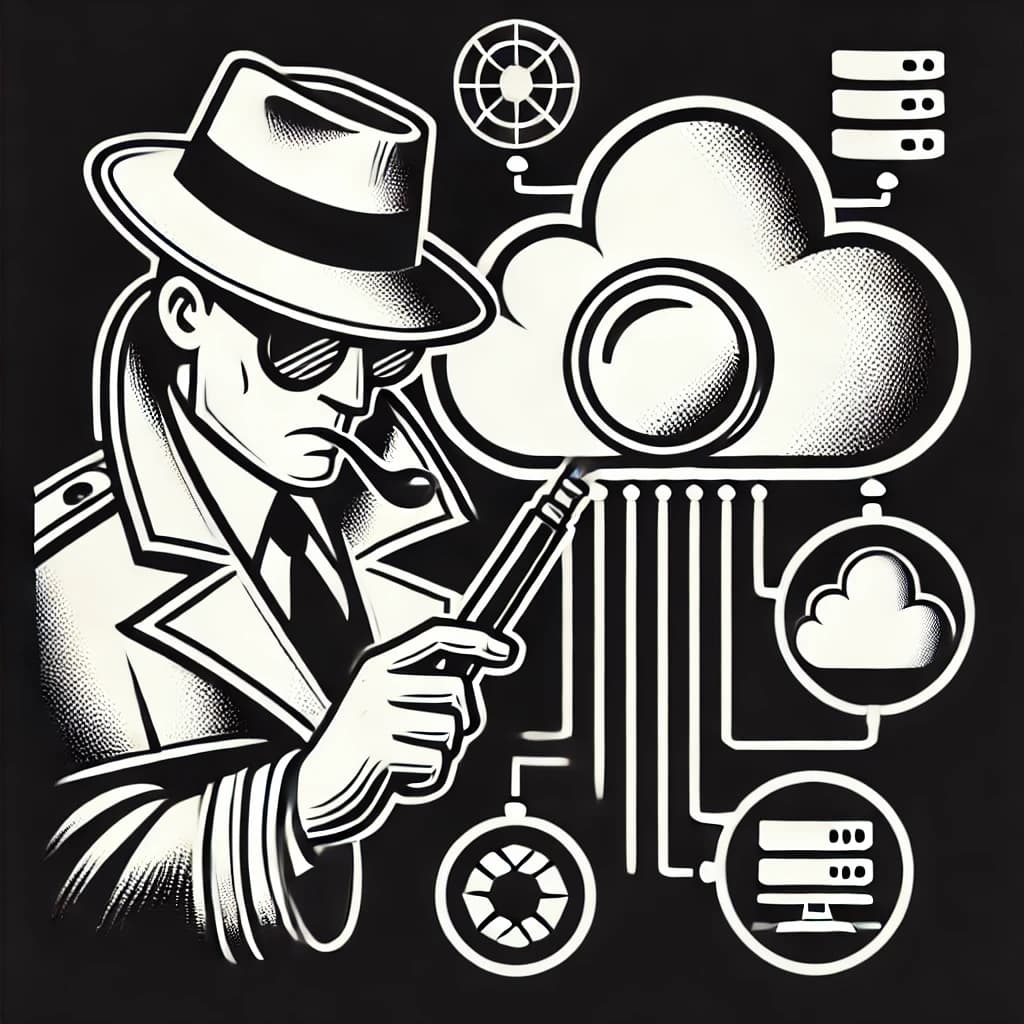Black-and-white illustration of a detective in a fedora examining a cloud through a magnifying glass, connected to server and cloud icons