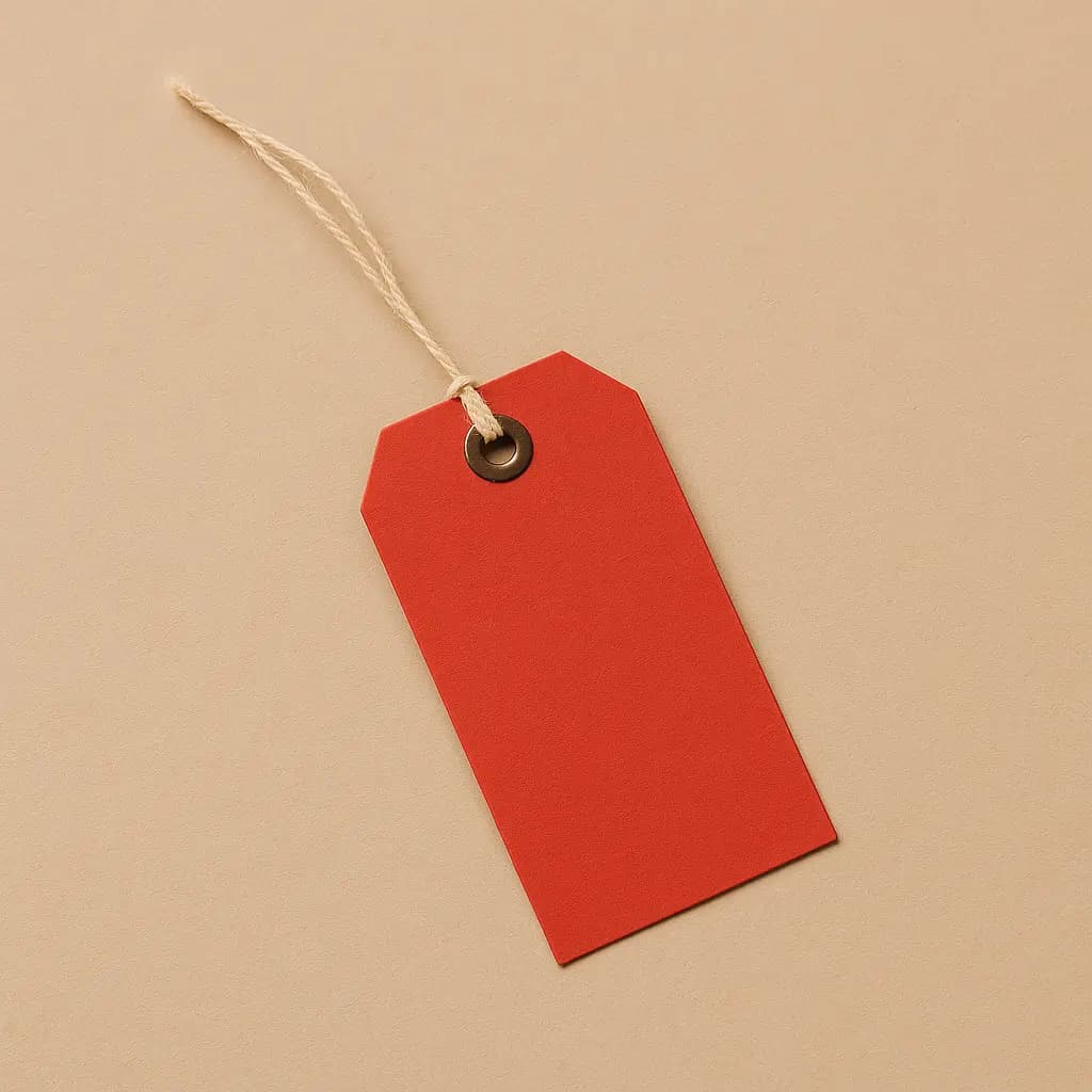 Blank red paper shipping tag with a metal eyelet and a loose twine string on a tan background