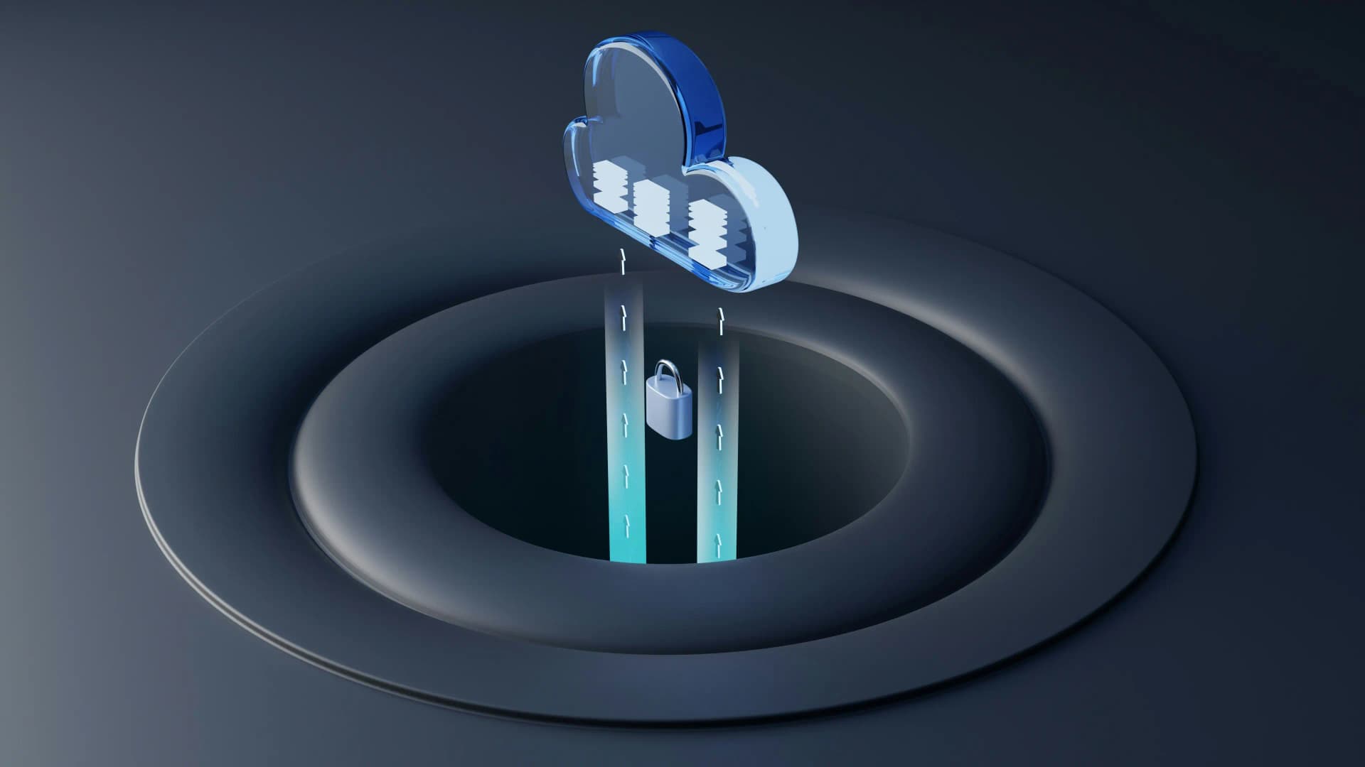 3D render of a glass cloud holding server stacks above a dark circular opening, connected by two glowing lanes with a padlock between them