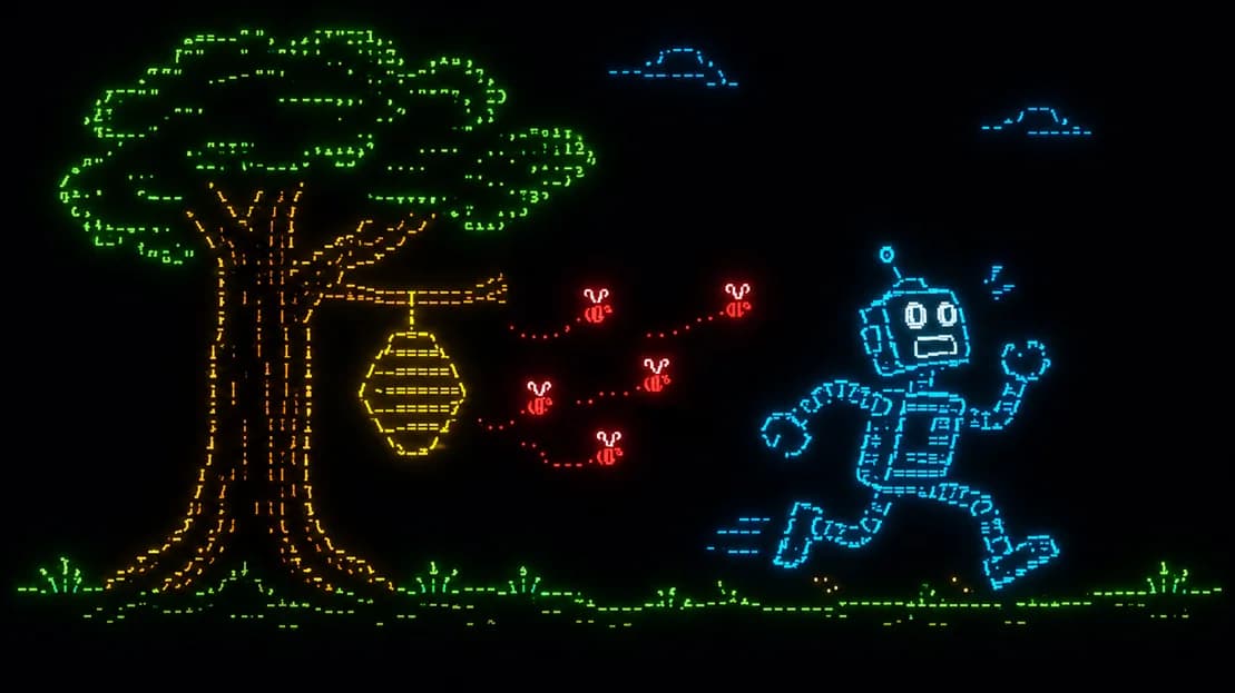Neon ASCII-art drawing of a frightened blue robot running away from a tree as red bees fly out of a hanging yellow beehive